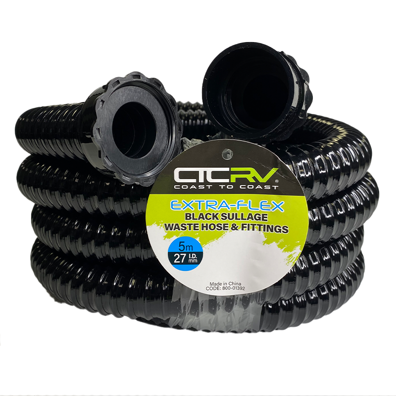 COAST RV EXTRA-FLEX Sullage Waste Hose with 40mm Fittings - 5m BLK Roll - 27mm I.D.