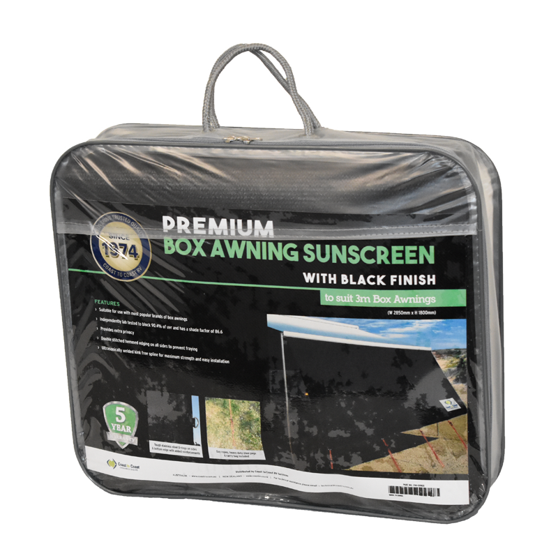 Coast Front Sunscreens V2 Suit 4m Fiamma and Carefree Box Awnings (W3850xH1800) Premium Black