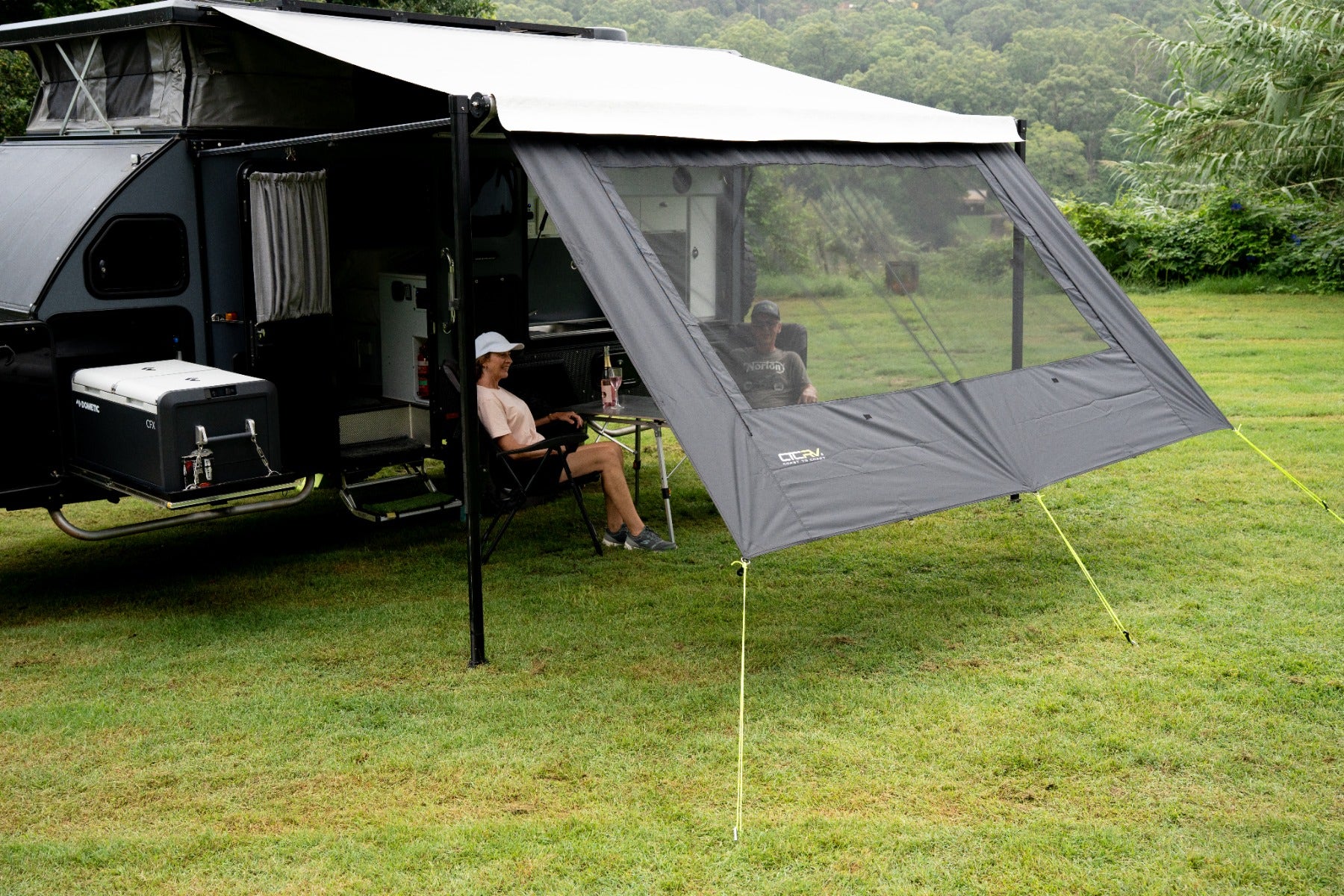 Premium Front Wall creating a sheltered caravan awning space